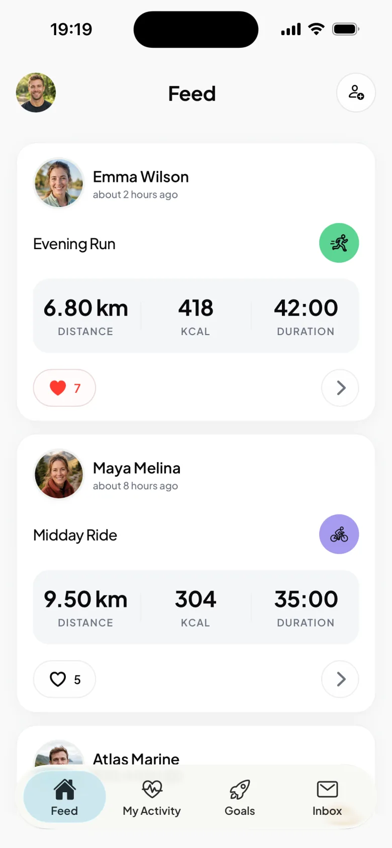 MoveShare Feed showing friends’ running and cycling workouts with distance, calories, duration, and Kudos