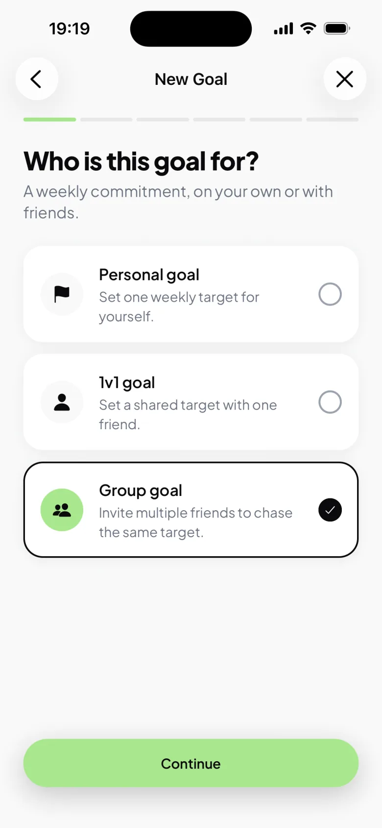 MoveShare New Goal screen with choices for a personal goal, a 1v1 goal, or a group goal