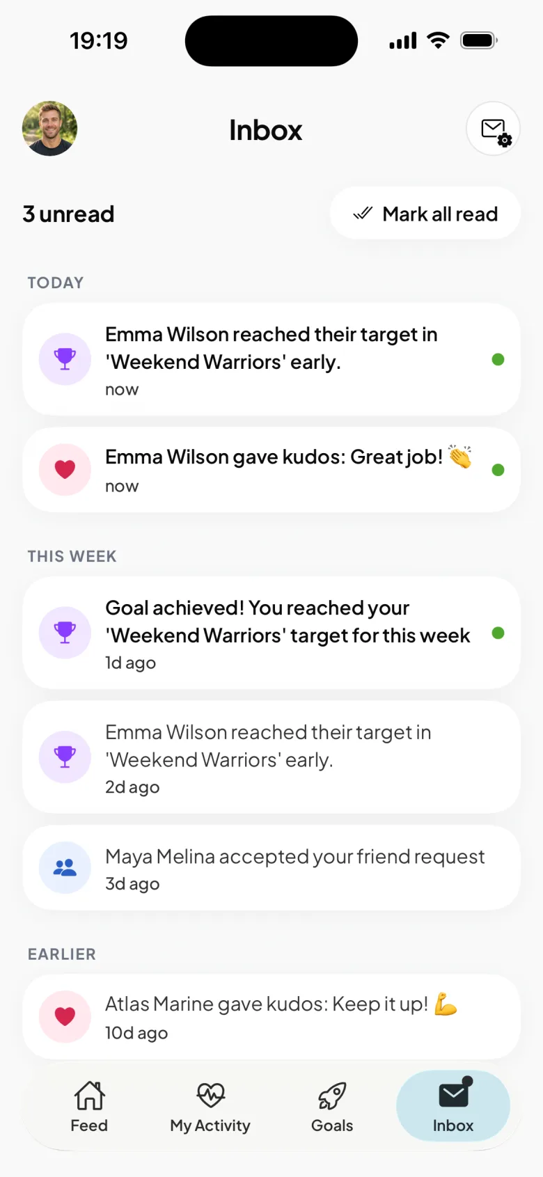 MoveShare Inbox with 3 unread updates: Emma Wilson reached her Weekend Warriors target early and gave Kudos, your weekly goal was achieved, and Maya Melina accepted your friend request