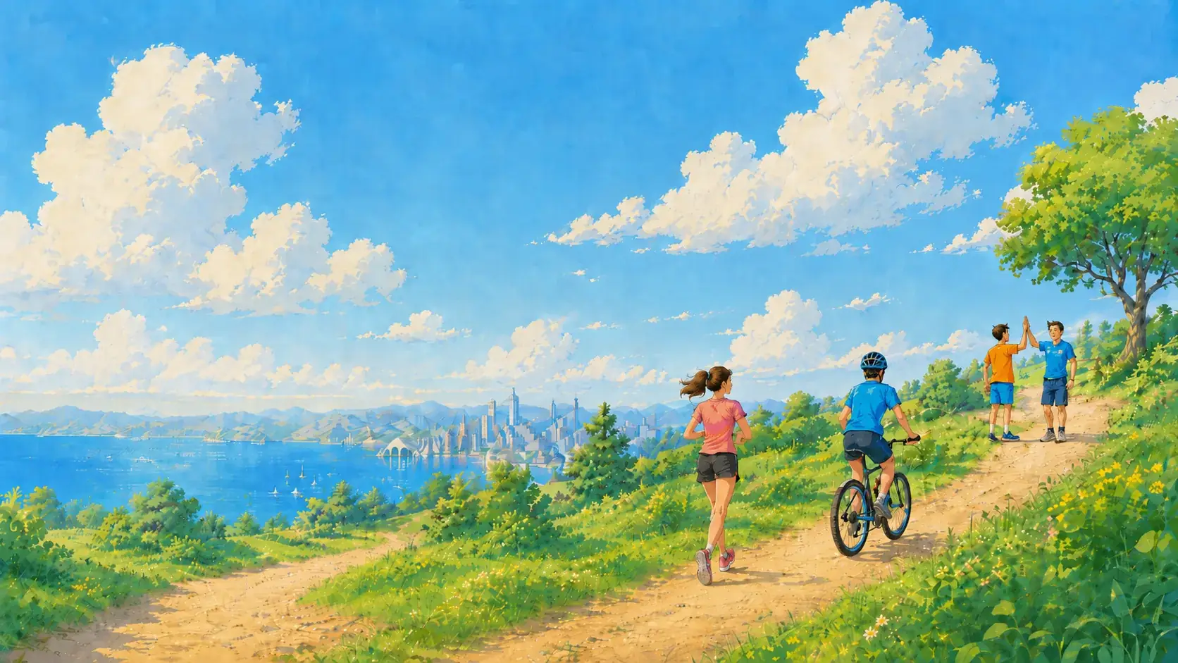 Painted illustration of friends out on a hillside trail above a city by the sea: a runner, a cyclist, and two friends sharing a high five