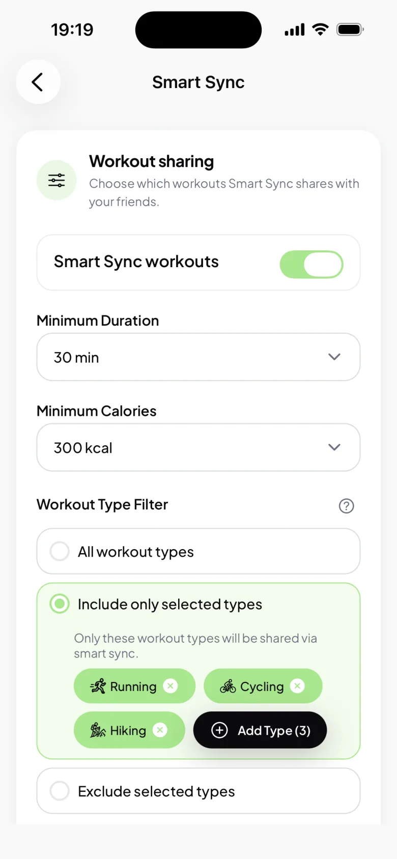 MoveShare Smart Sync settings: automatic workout sharing, minimum duration and calories, and workout-type filters